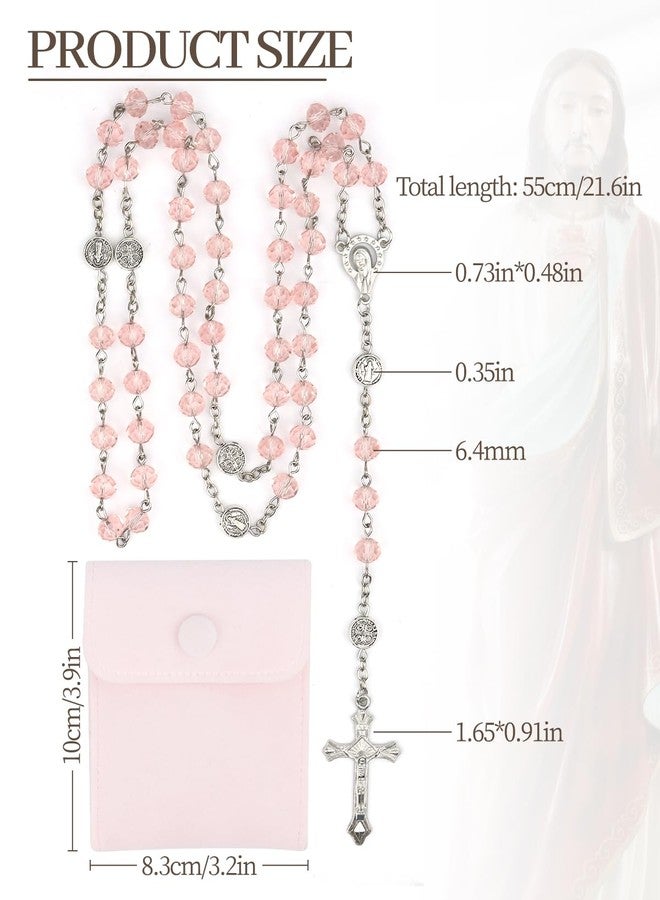 Aecsze Pink Rosary Beads for Women - Catholic Rosary Beads with Cross, Pink Crystal Rosary Necklace with Velvet Pouch, Religious Gifts for Women - Image 2